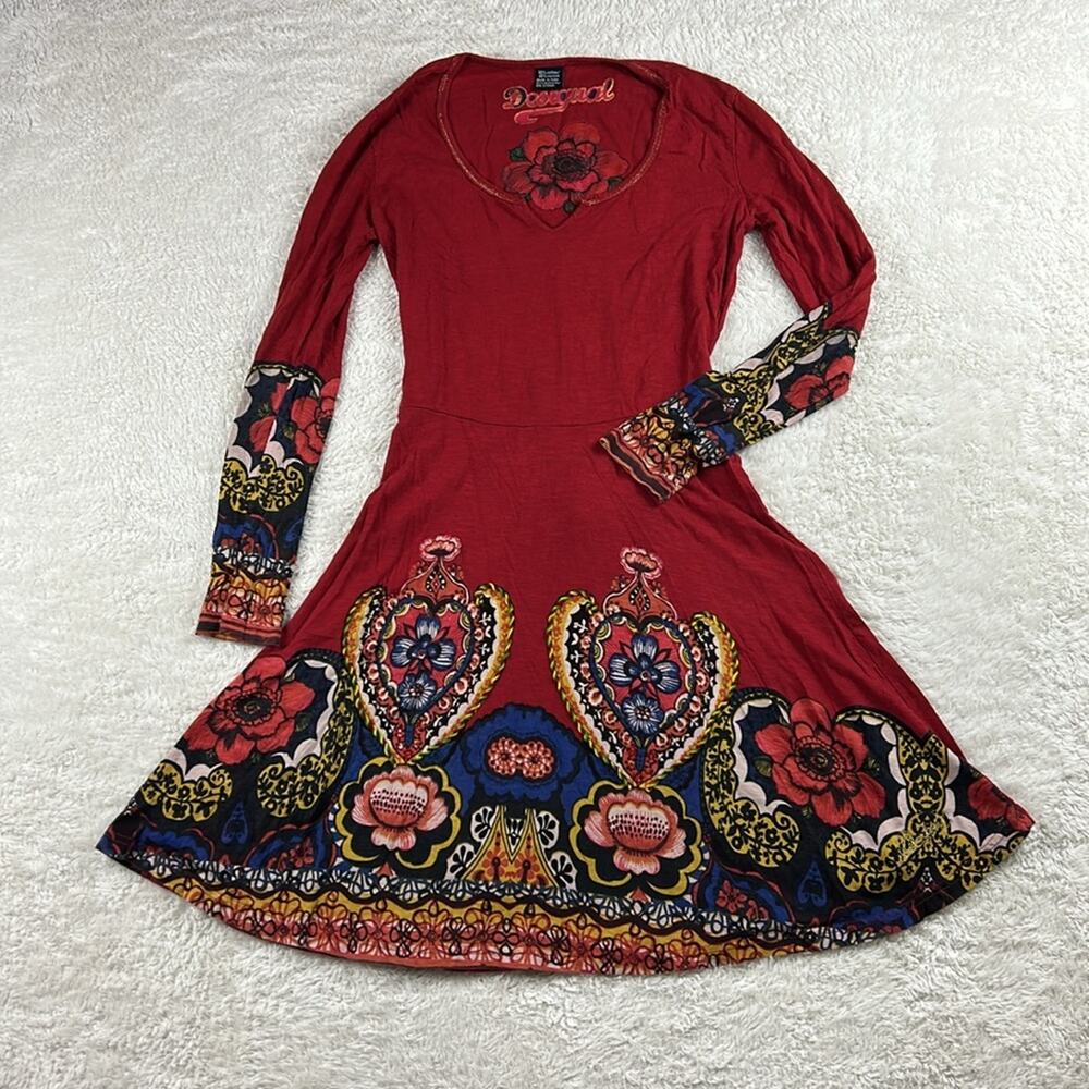 Desigual long sleeved fit and flare red paisley soft knit dress med